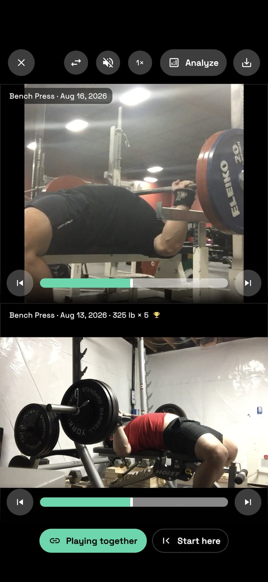 Unrack Compare — two bench press clips stacked, each with its own transport, above a Play together toggle