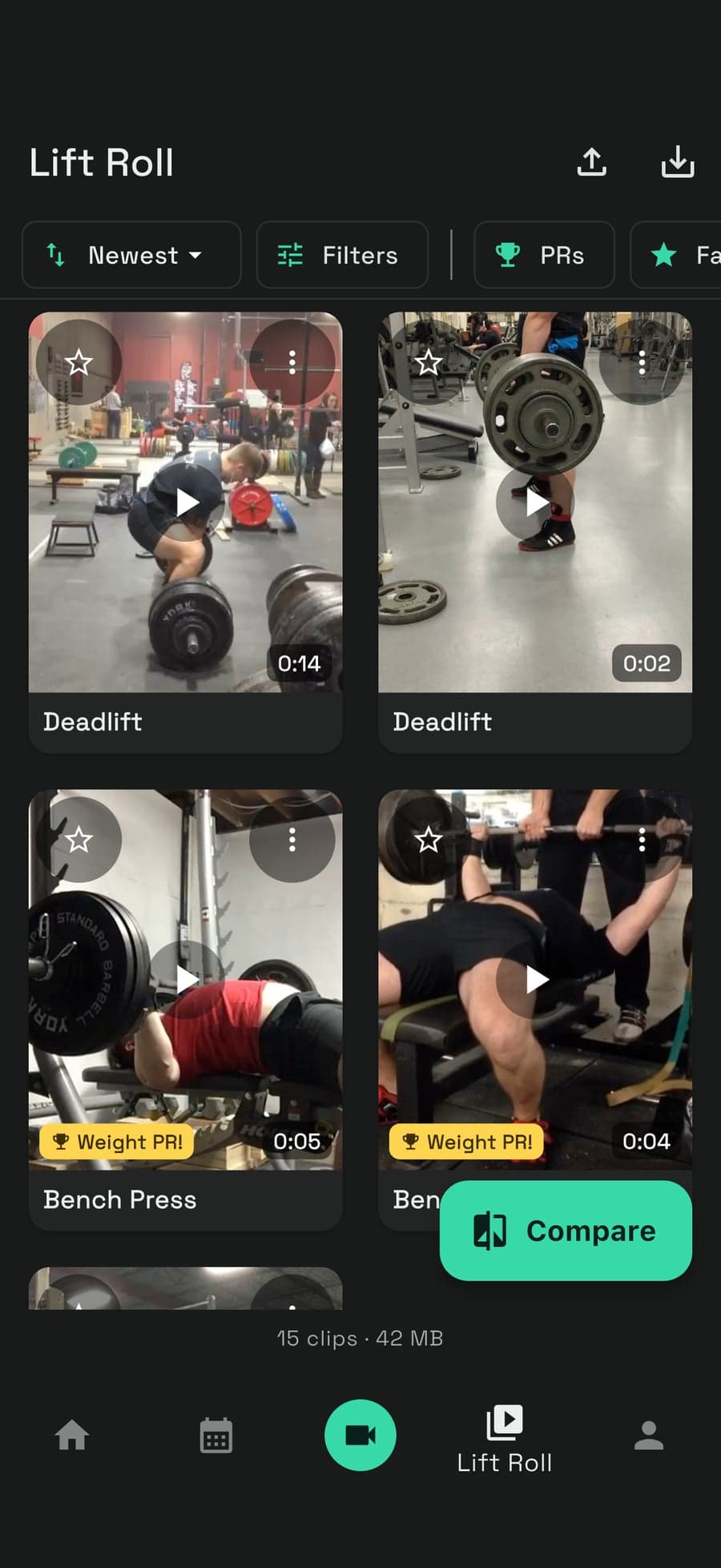 Unrack Lift Roll — recorded sets sorted by exercise, each tagged with its PR