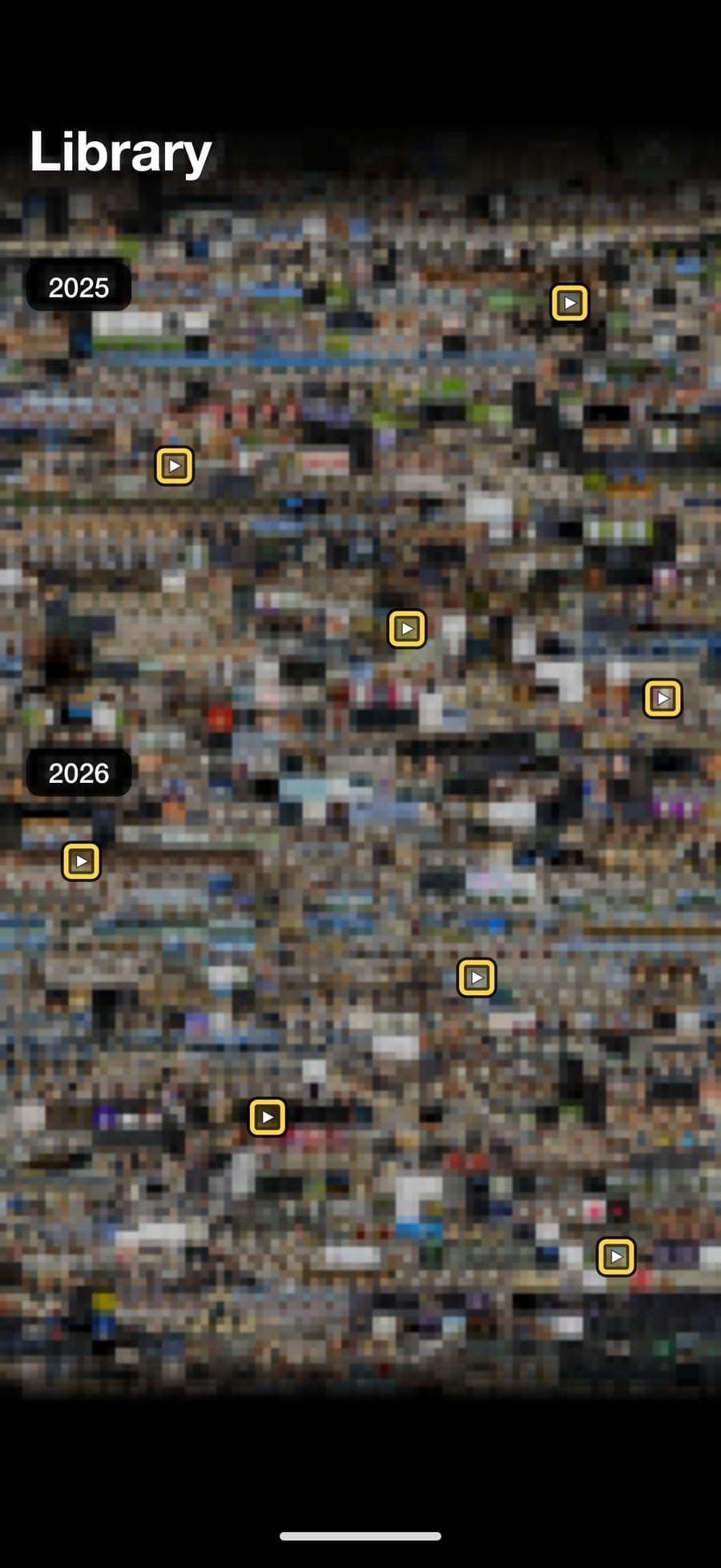 A camera roll zoomed out to two years of photos, blurred, with a few lifting videos ringed, scattered far apart