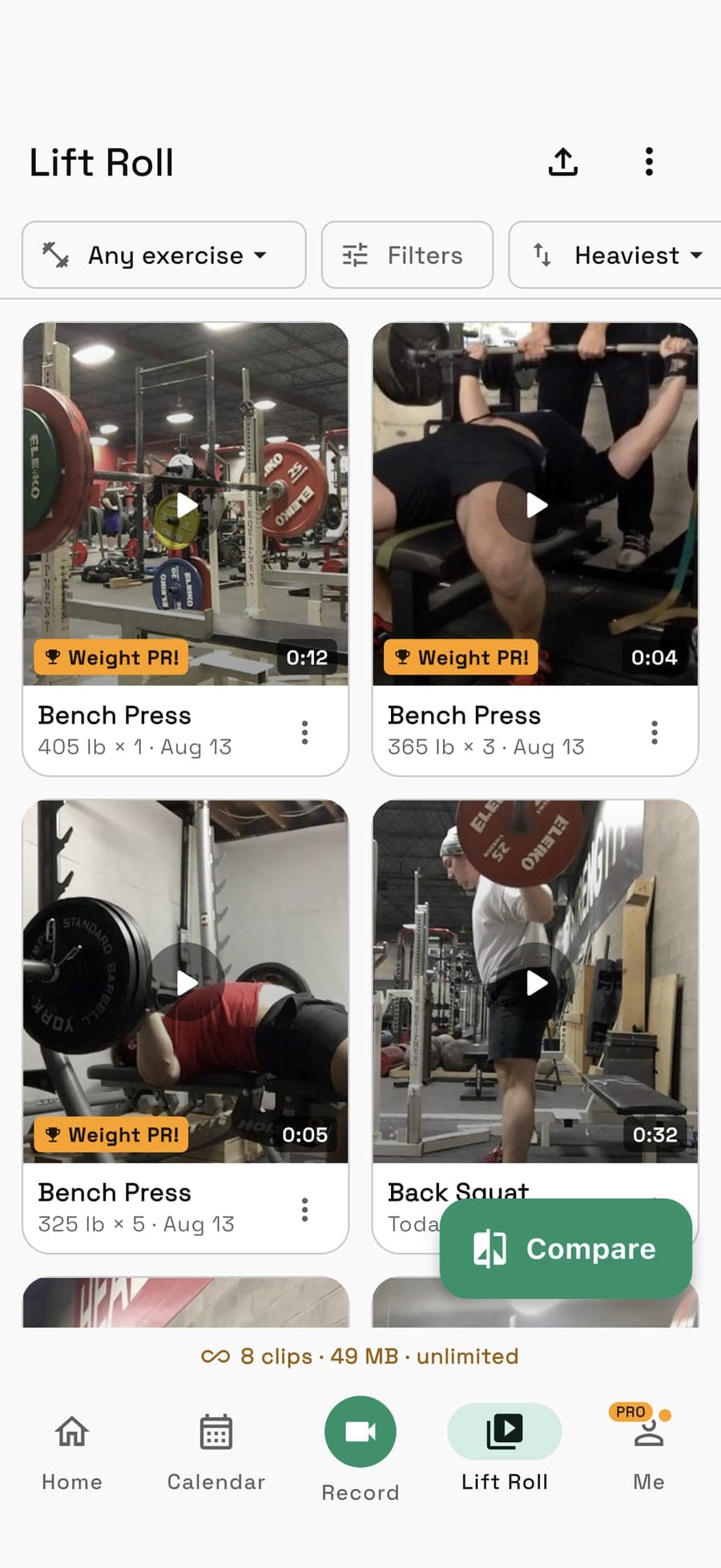 Unrack Lift Roll — bench press and squat clips, each labelled with its weight, reps and date, PRs badged