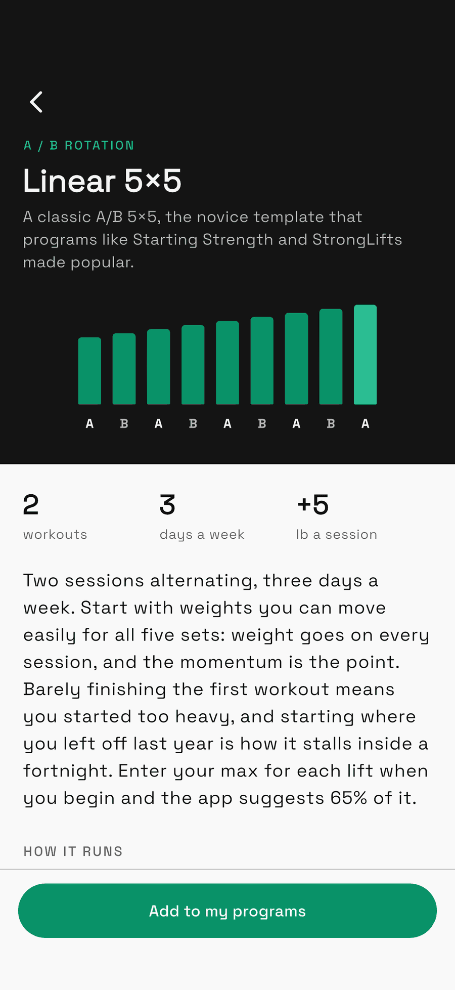 Unrack program detail — Linear 5×5, two workouts alternating three days a week, adding 5 lb a session