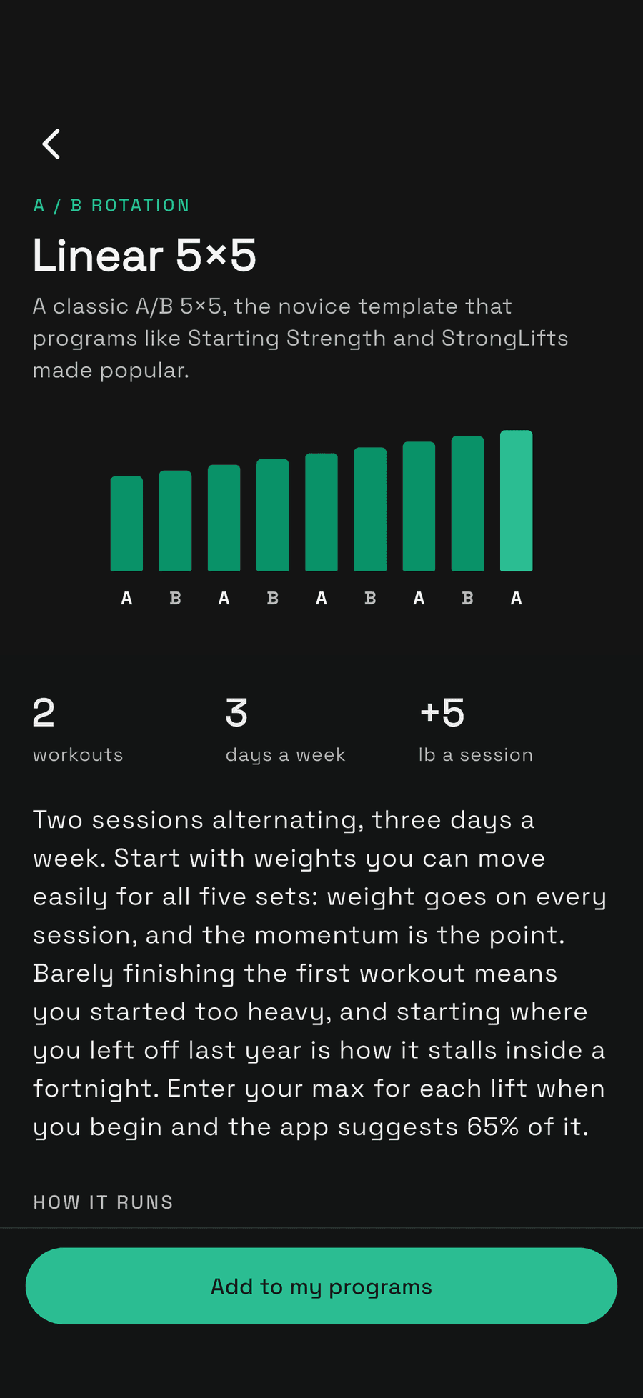 Unrack program detail — Linear 5×5, two workouts alternating three days a week, adding 5 lb a session