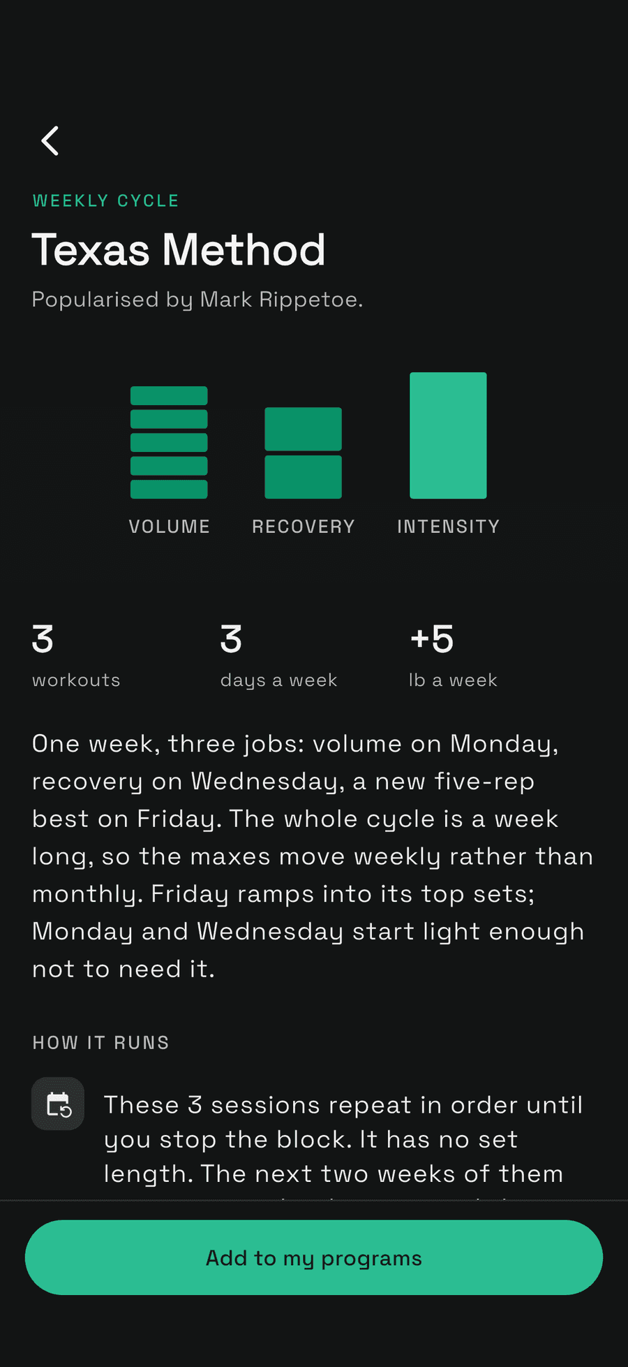 Unrack program detail — Texas Method, a weekly cycle of volume, recovery and intensity days