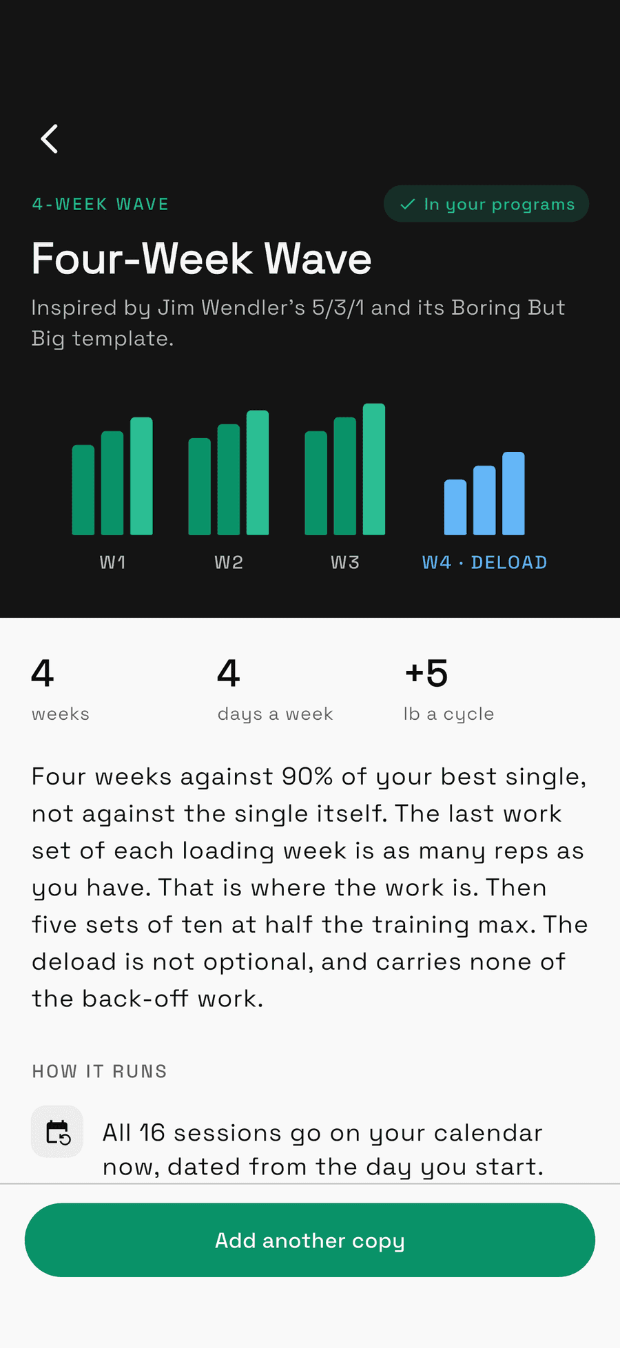 Unrack program detail — Four-Week Wave, three loading weeks against a training max and a deload