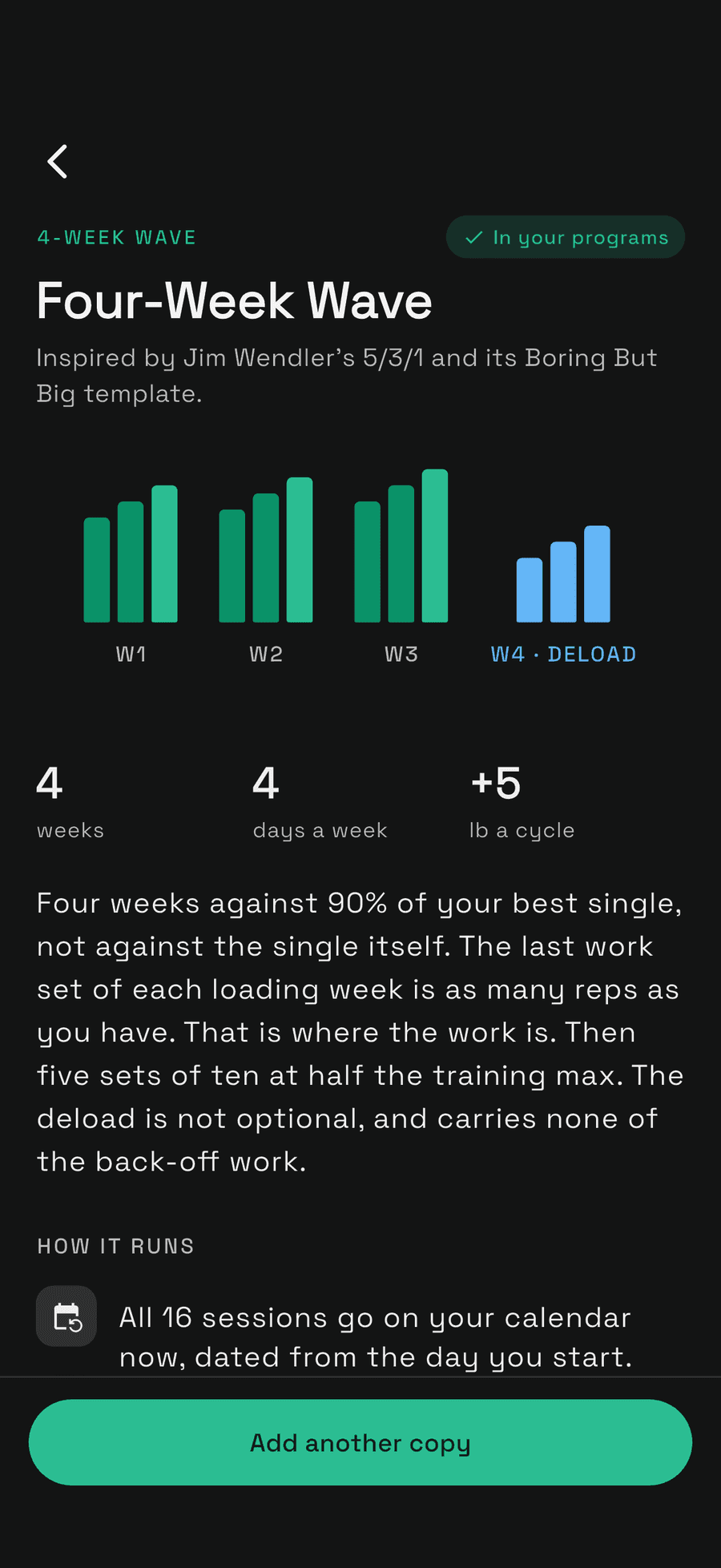 Unrack program detail — Four-Week Wave, three loading weeks against a training max and a deload