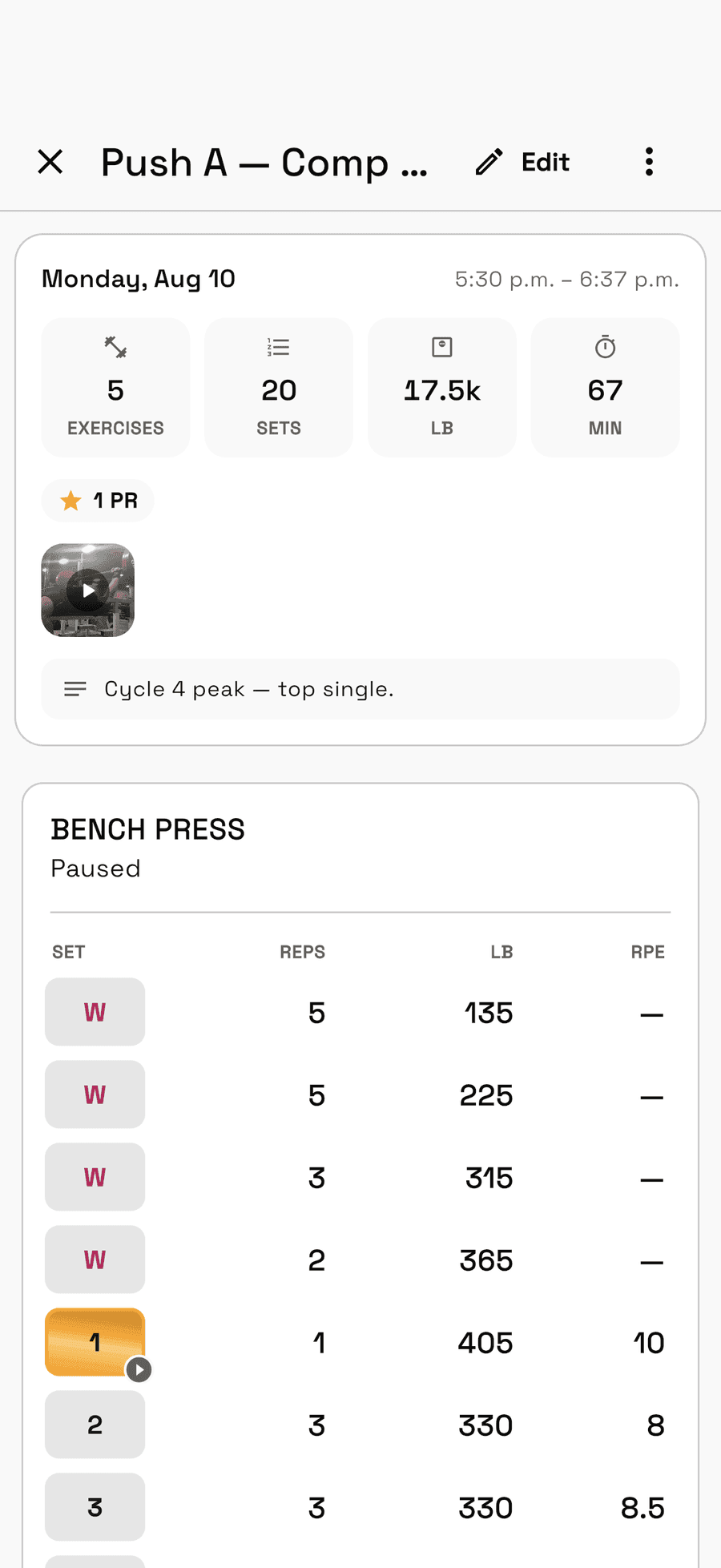 Unrack workout detail — every set's weight, reps, and RPE with the clip attached
